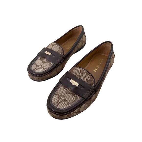 Coach Women's Brown Slip-On Signature Jacquard Penny Loafer Flats Size 5.5B - Picture 1 of 6